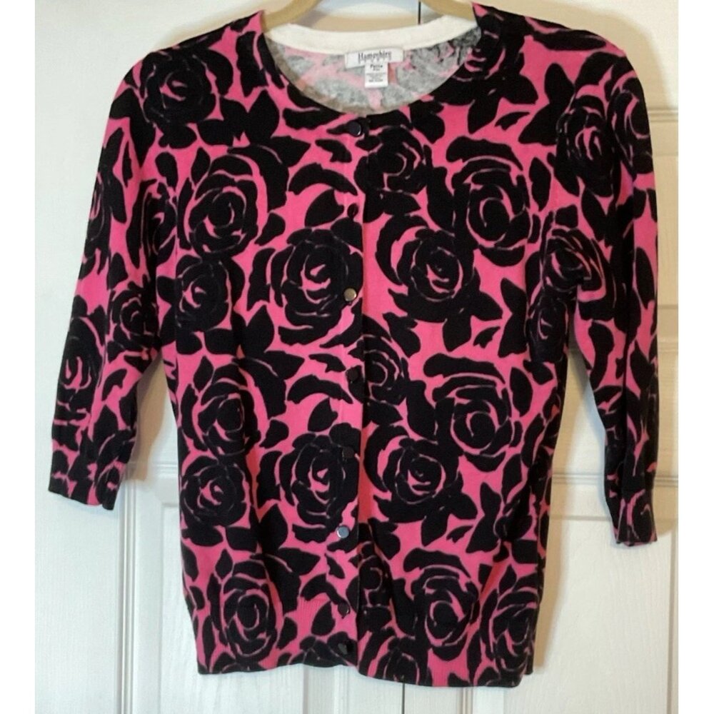 Hampshire Studio‎ Hot Pink Black Floral Button Up Cardigan Sweater Medium Petite